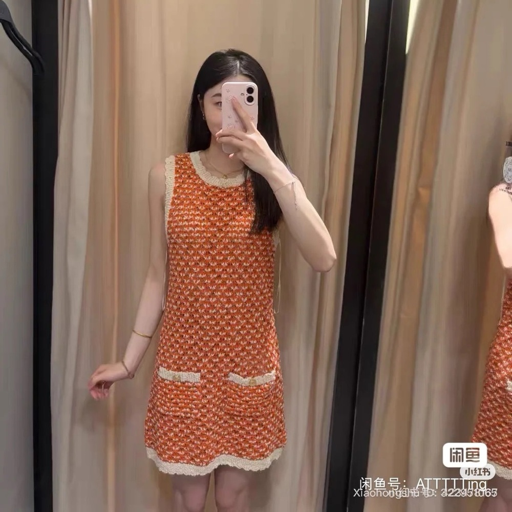 New with Tags Zara Orange Knit Tweed Sleeveless Mini Dress Size S